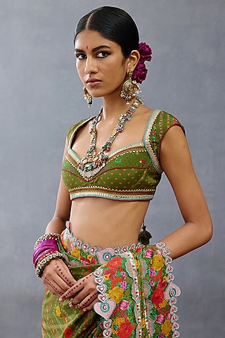 Green South Silk Slub Digital Printed Blouse by TORANI