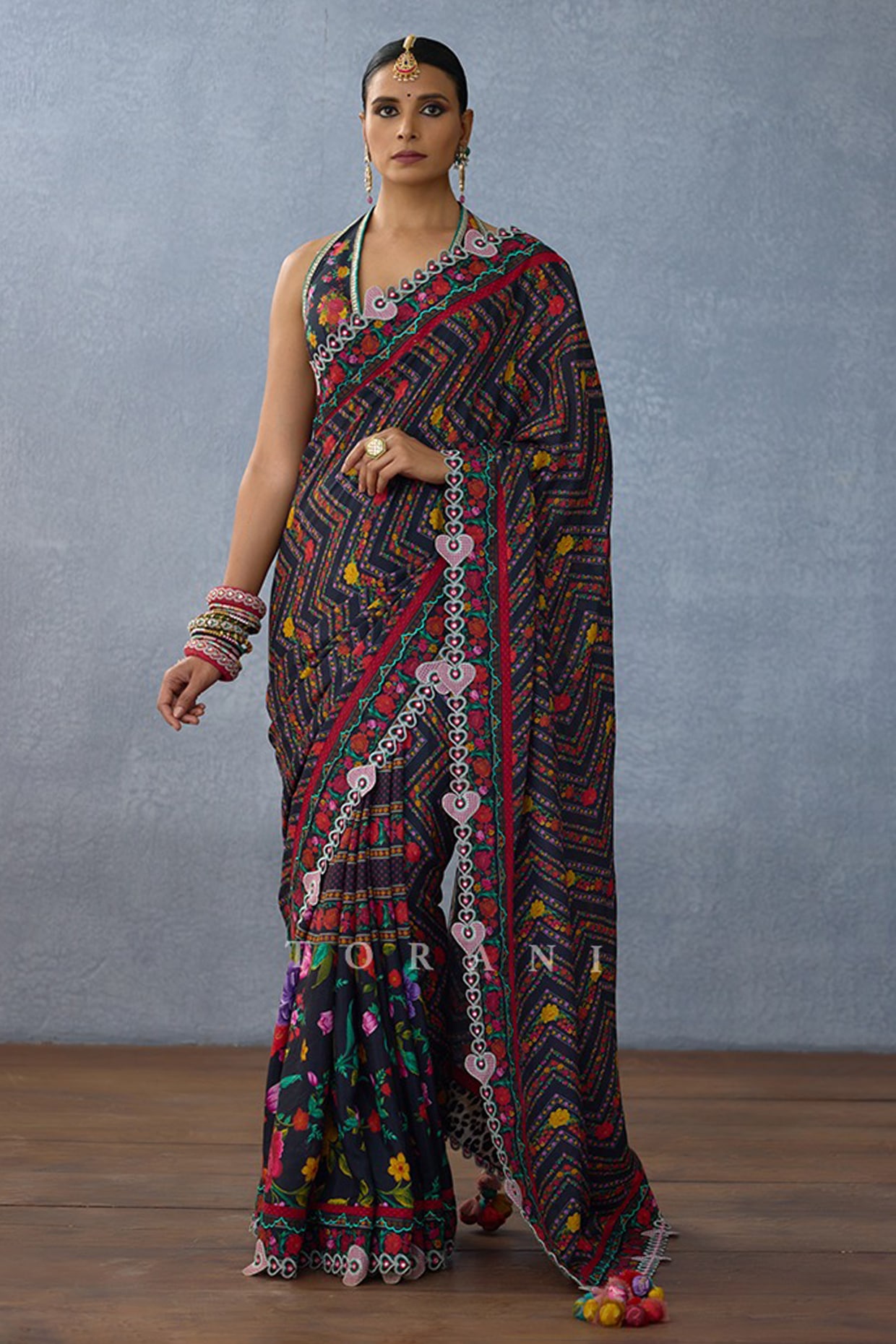 TORANI Black Muslin Silk Digital Printed & Embroidered Saree
