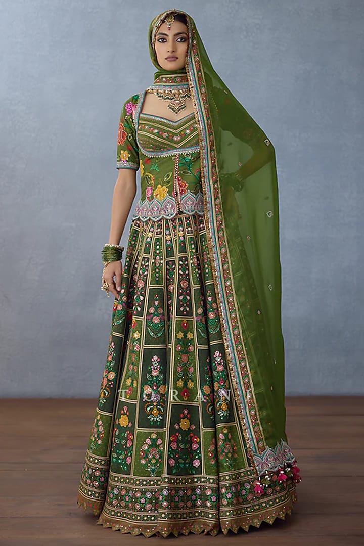 Green Organza & Jeni Silk Embellished Bridal Lehenga Set by TORANI at Pernia's Pop Up Shop