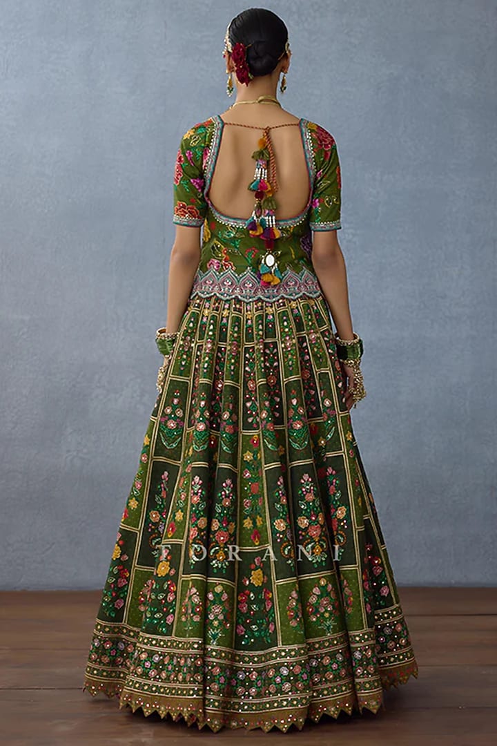 Green Organza & Jeni Silk Embellished Bridal Lehenga Set by TORANI at Pernia's Pop Up Shop
