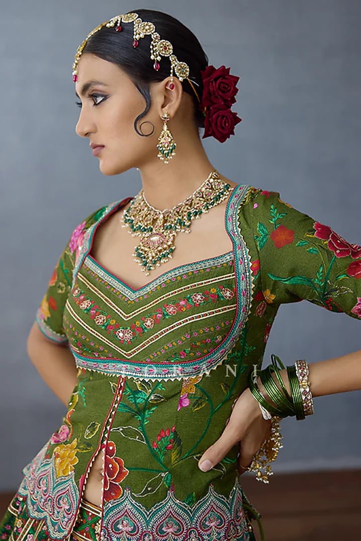 Green Organza & Jeni Silk Embellished Bridal Lehenga Set by TORANI at Pernia's Pop Up Shop