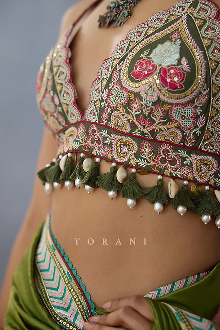 Green Slub Silk Embellished Blouse by TORANI at Pernia's Pop Up Shop