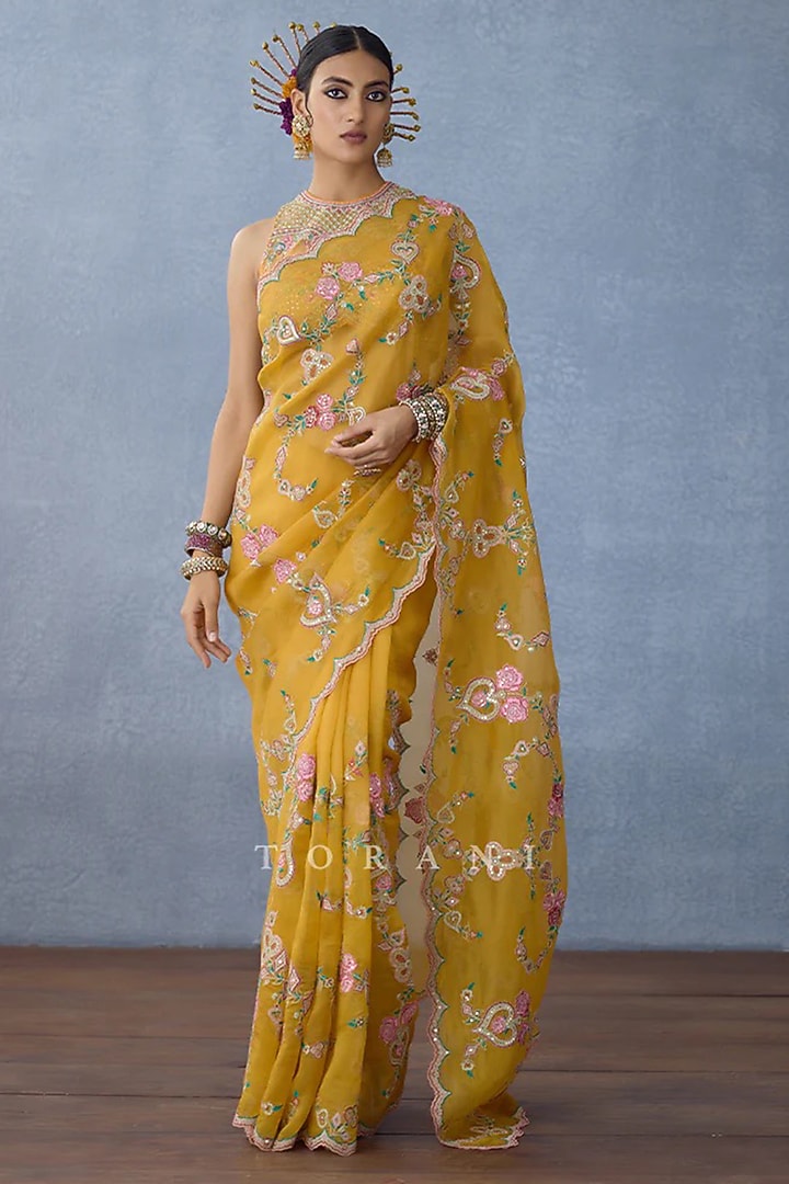 Yellow Organza Embroidered Reception Saree by TORANI at Pernia's Pop Up Shop
