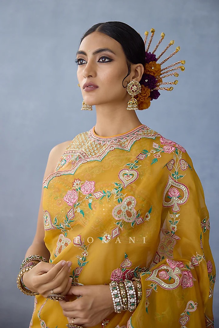 Yellow Organza Embroidered Reception Saree by TORANI at Pernia's Pop Up Shop