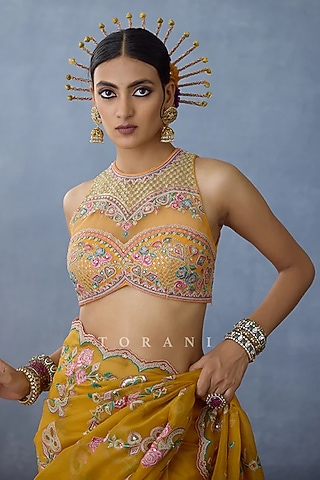 Yellow Butterfly Net Embroidered Blouse by TORANI