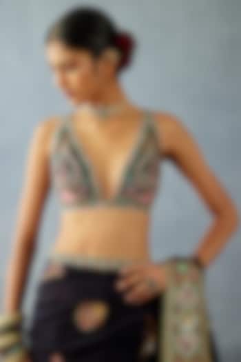 Black Butterfly Net & Cotton Silk Embroidered Blouse by TORANI at Pernia's Pop Up Shop
