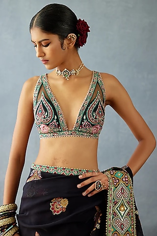Black Butterfly Net & Cotton Silk Embroidered Blouse by TORANI