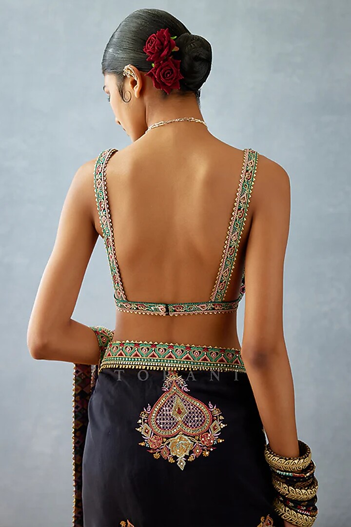 Black Butterfly Net & Cotton Silk Embroidered Blouse by TORANI at Pernia's Pop Up Shop