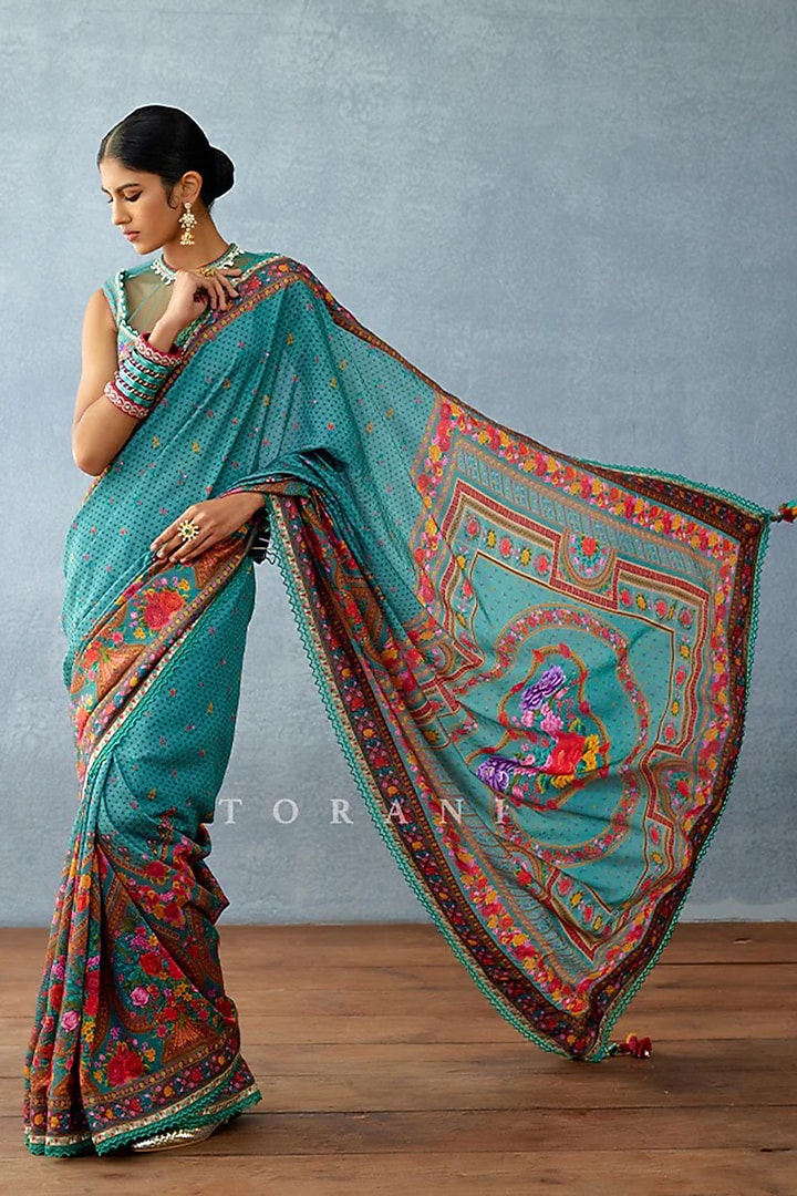 Aqua Jeni Silk Digital Printed Wedding Saree by TORANI at Pernia's Pop Up Shop