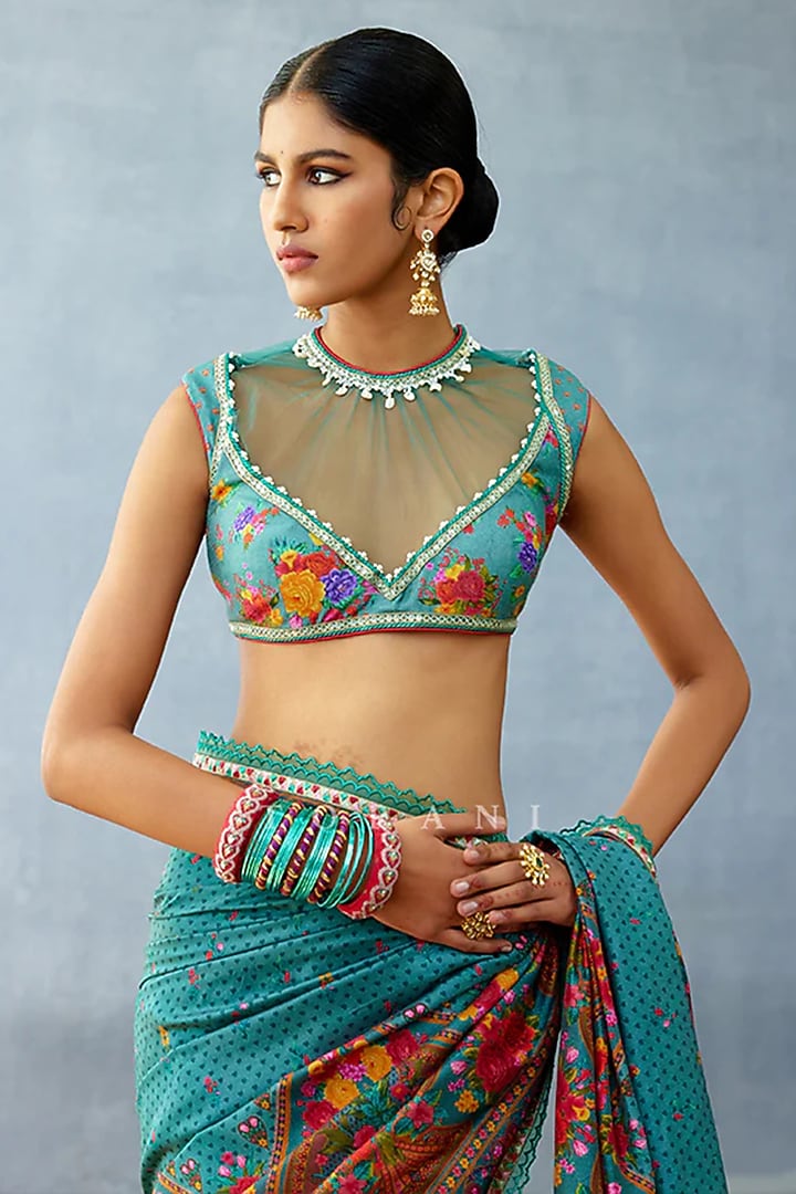 Aqua Blue Butterfly Net Embroidered Blouse by TORANI at Pernia's Pop Up Shop