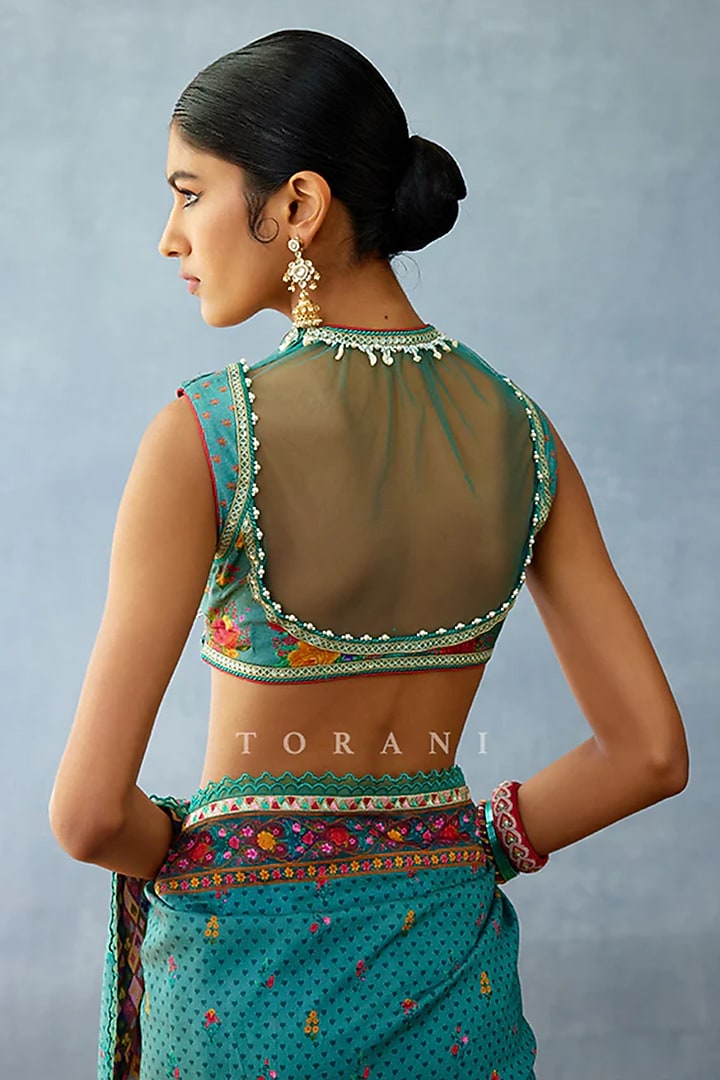 Aqua Blue Butterfly Net Embroidered Blouse by TORANI at Pernia's Pop Up Shop