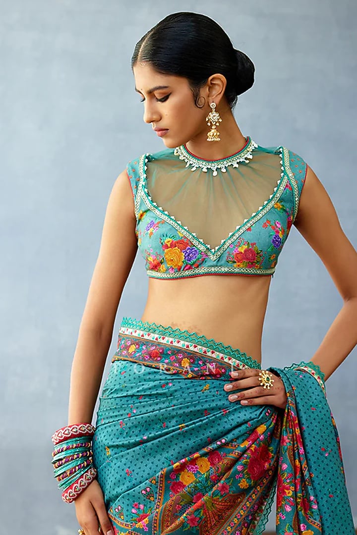 Aqua Blue Butterfly Net Embroidered Blouse by TORANI at Pernia's Pop Up Shop