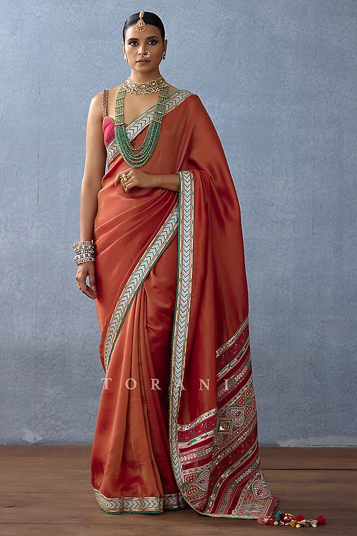 Orange Tissue Embroidered Wedding Saree by TORANI at Pernia's Pop Up Shop