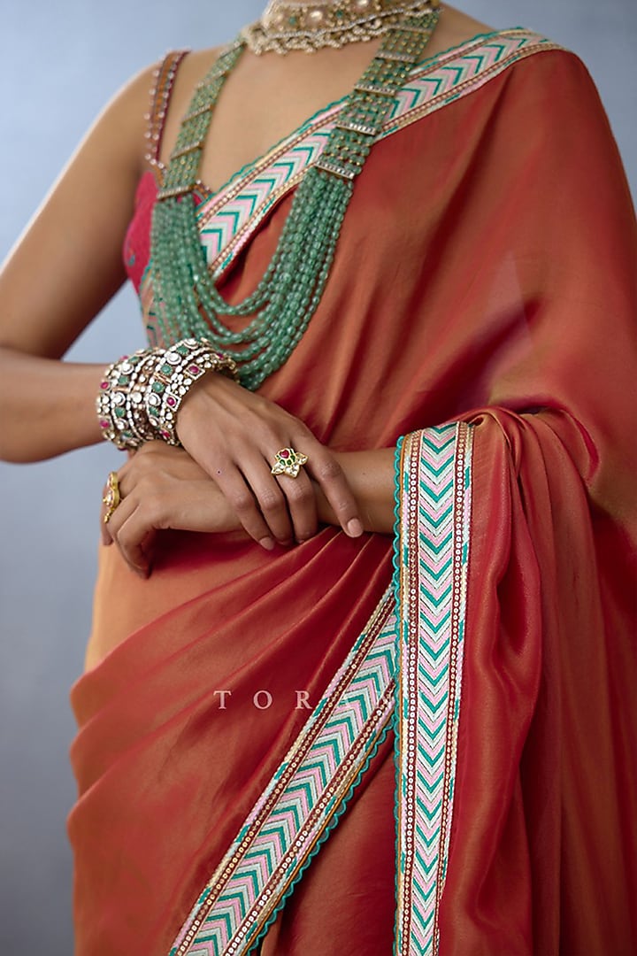 Orange Tissue Embroidered Wedding Saree by TORANI at Pernia's Pop Up Shop