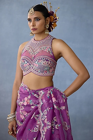Purple Butterfly Net Embroidered Blouse by TORANI