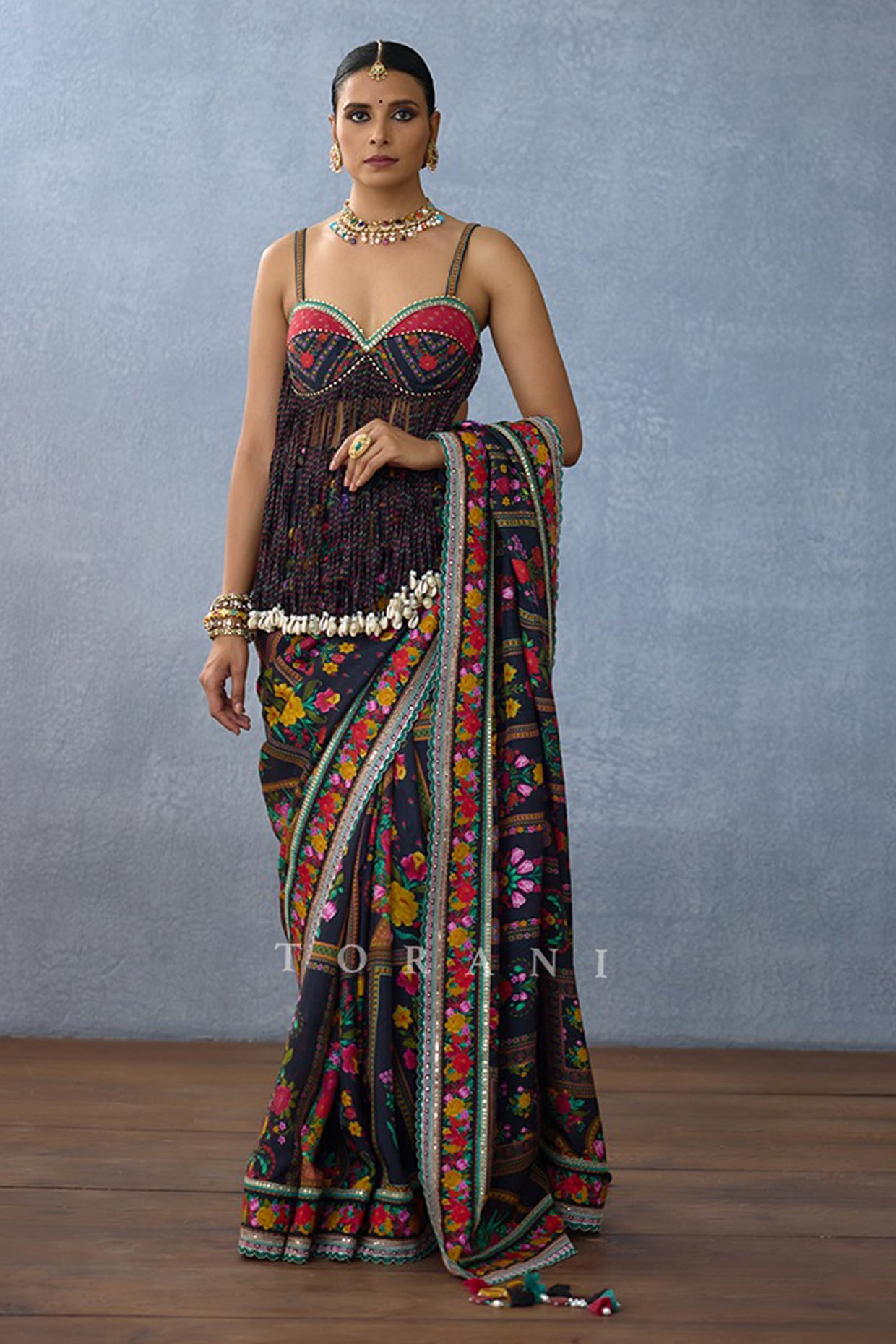 TORANI Black Handwoven Chanderi Digital Printed Saree