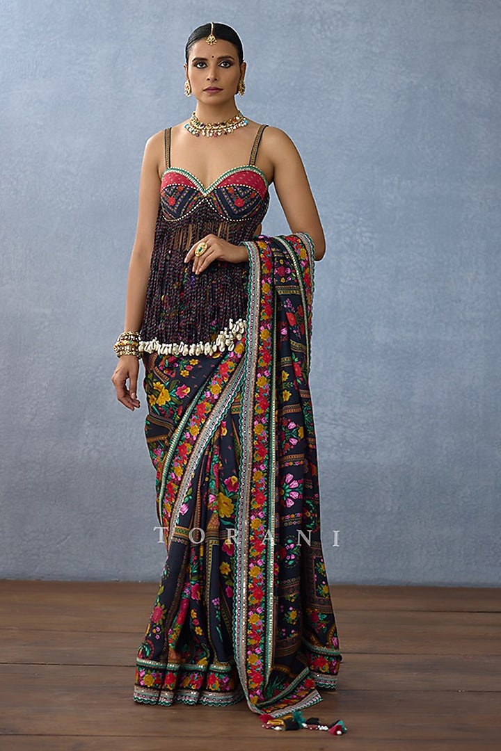 Black Handwoven Chanderi Digital Printed Wedding Saree by TORANI at Pernia's Pop Up Shop