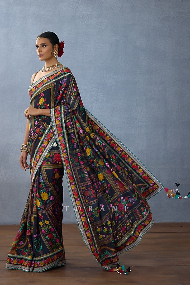Black Handwoven Chanderi Digital Printed Wedding Saree by TORANI at Pernia's Pop Up Shop