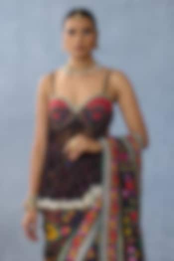 Black Slub Silk Digital Printed & Tasseled Blouse by TORANI at Pernia's Pop Up Shop