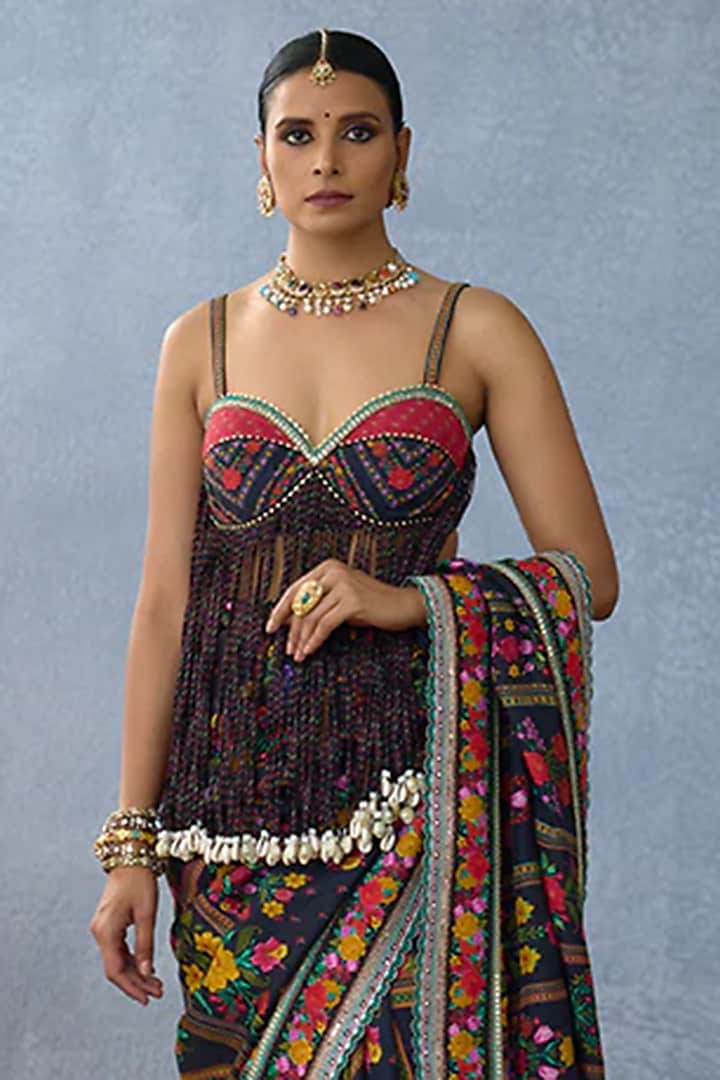 Black Slub Silk Digital Printed & Tasseled Blouse by TORANI at Pernia's Pop Up Shop