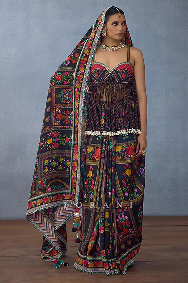 Black Slub Silk Digital Printed & Tasseled Blouse by TORANI at Pernia's Pop Up Shop