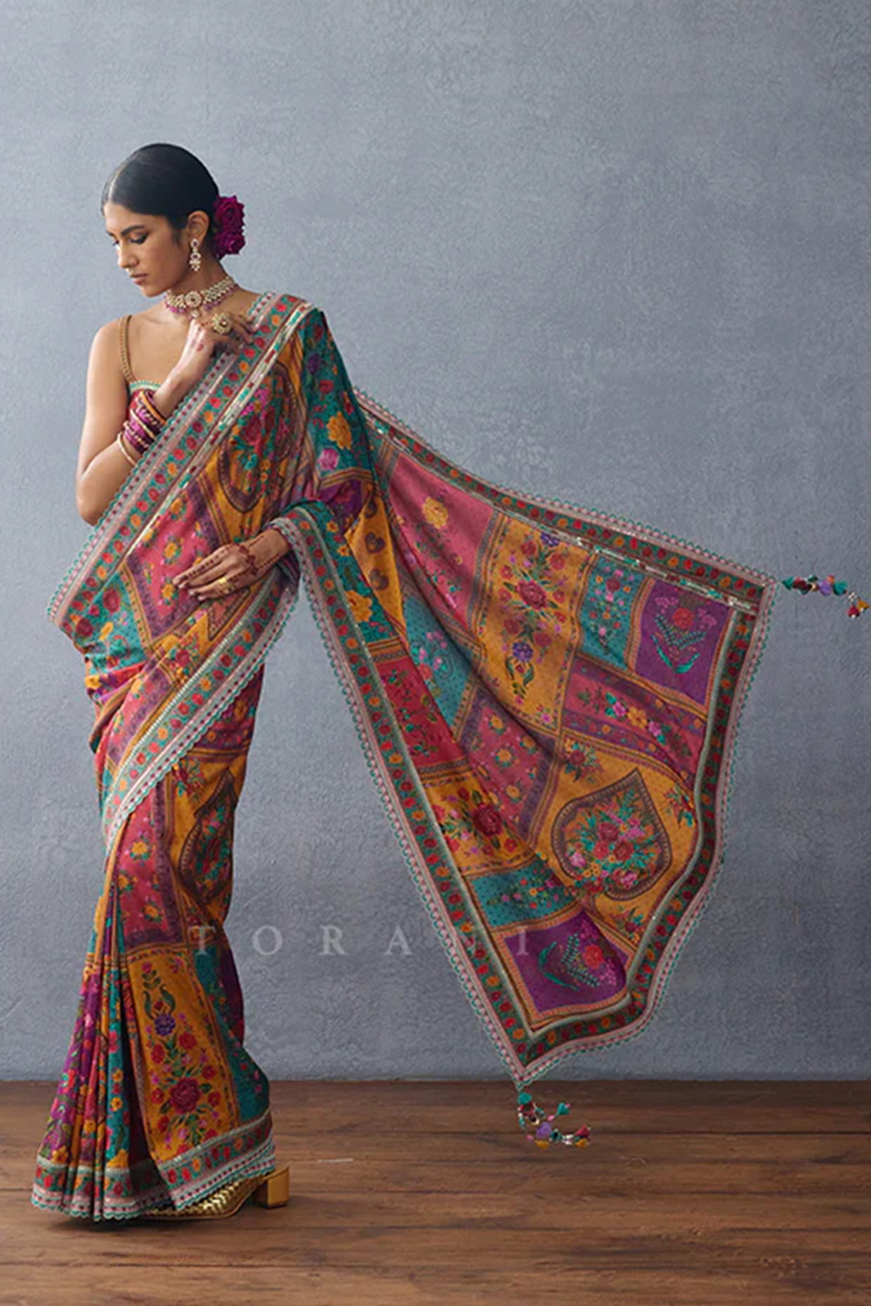 Multi-Colored Handwoven Chanderi Digital Printed Wedding Saree by TORANI at Pernia's Pop Up Shop