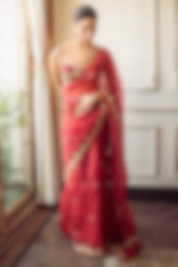 Red Silk Organza & Lycra Reception Saree Set by TORANI at Pernia's Pop Up Shop
