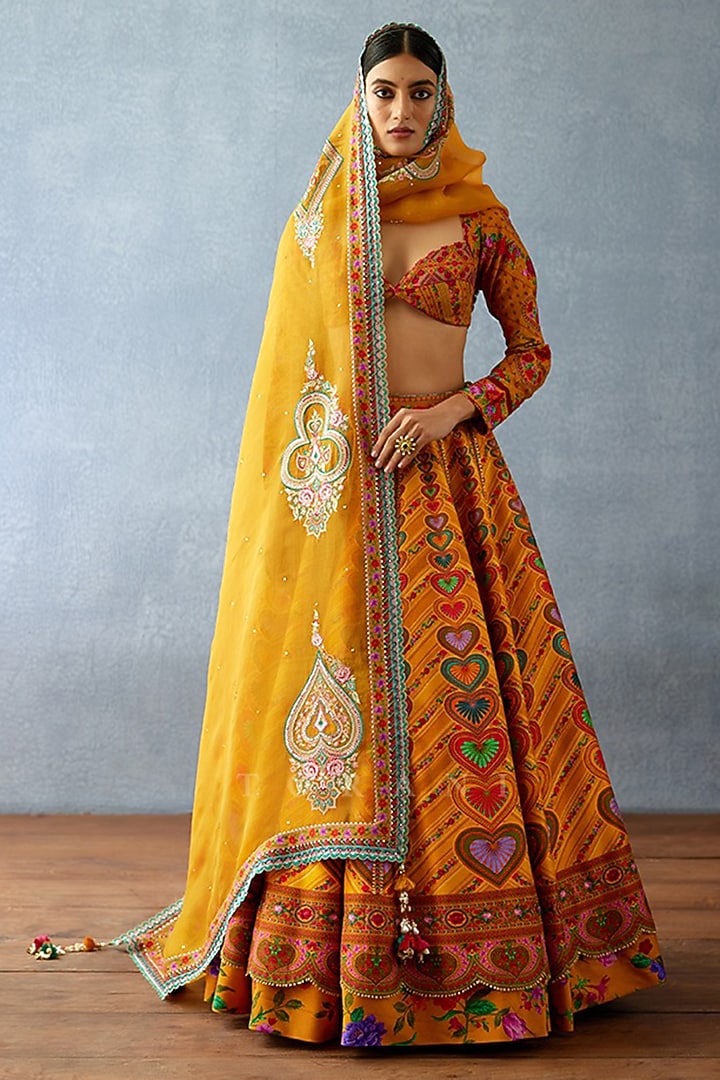 Yellow Jeni Silk & Organza Floral Digital Printed Wedding Lehenga Set by TORANI at Pernia's Pop Up Shop