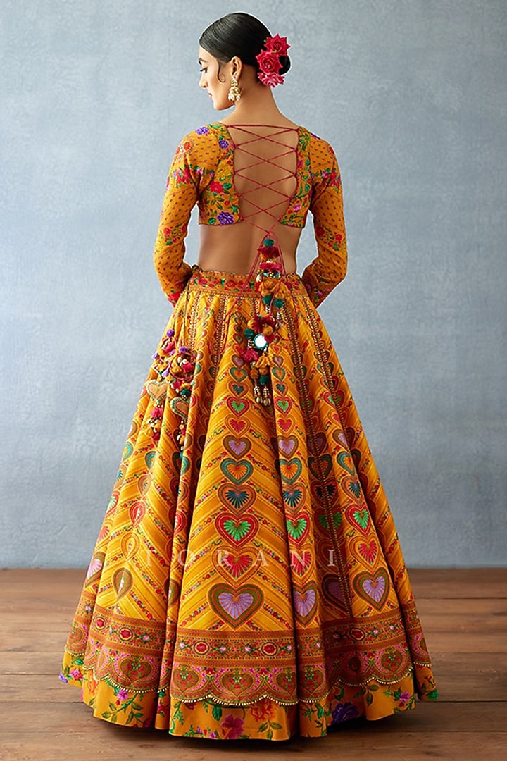 Yellow Jeni Silk & Organza Floral Digital Printed Wedding Lehenga Set by TORANI at Pernia's Pop Up Shop