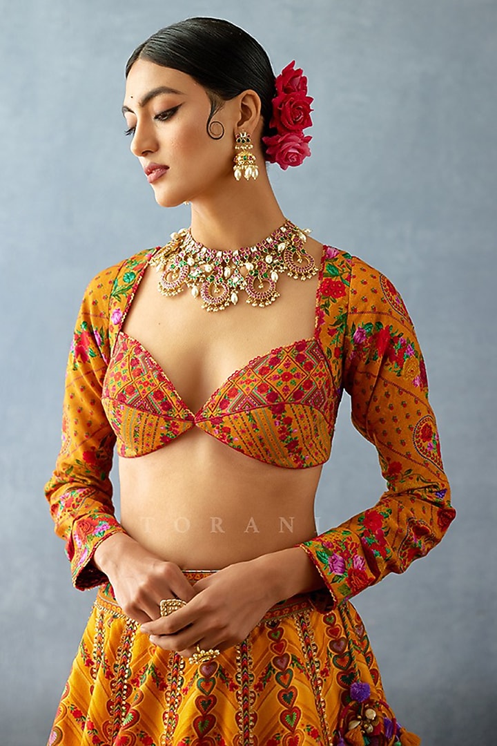 Yellow Jeni Silk & Organza Floral Digital Printed Wedding Lehenga Set by TORANI at Pernia's Pop Up Shop