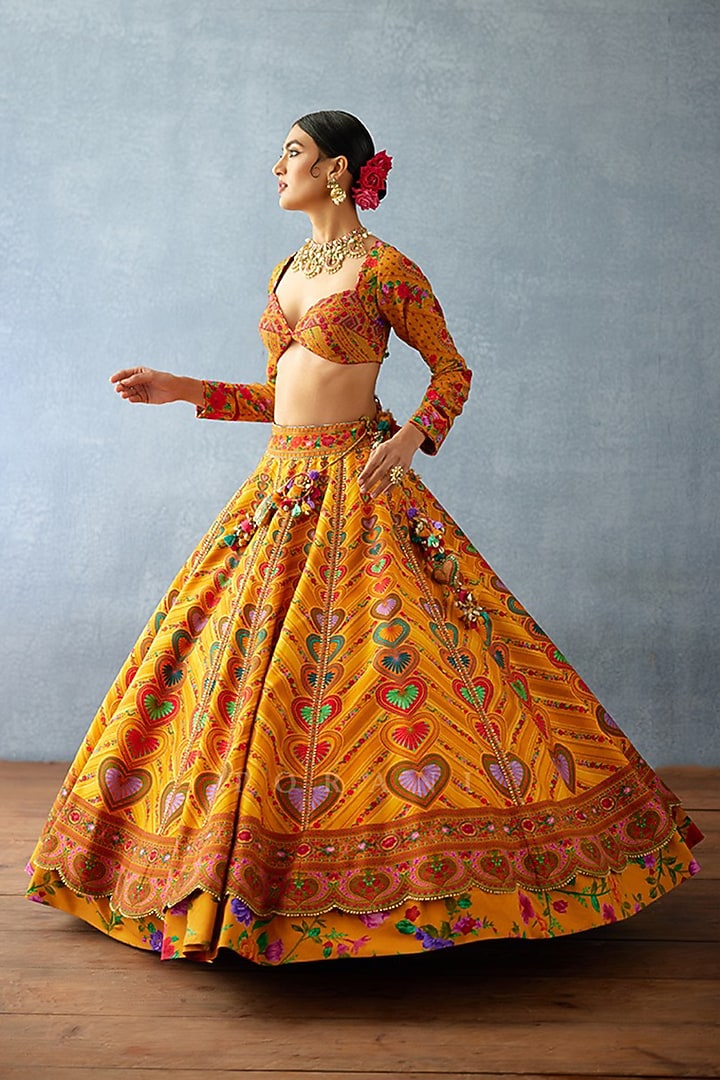 Yellow Jeni Silk & Organza Floral Digital Printed Wedding Lehenga Set by TORANI at Pernia's Pop Up Shop