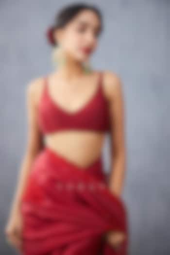 Red Handwoven Chanderi Aari Embroidered Blouse by TORANI at Pernia's Pop Up Shop