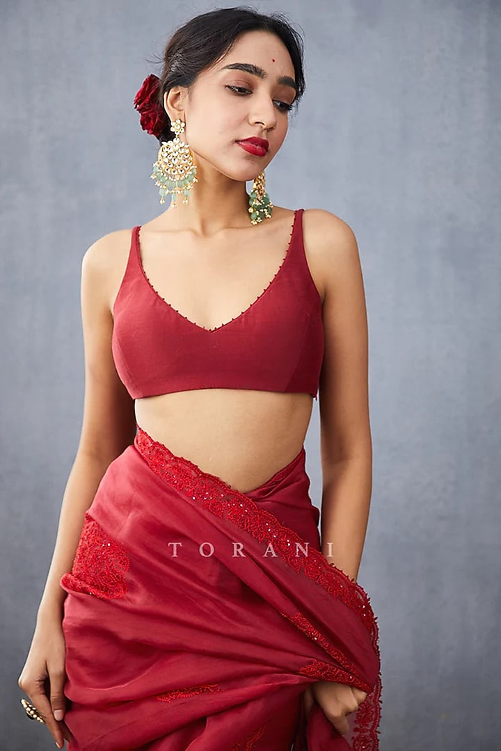 Red Handwoven Chanderi Aari Embroidered Blouse by TORANI at Pernia's Pop Up Shop
