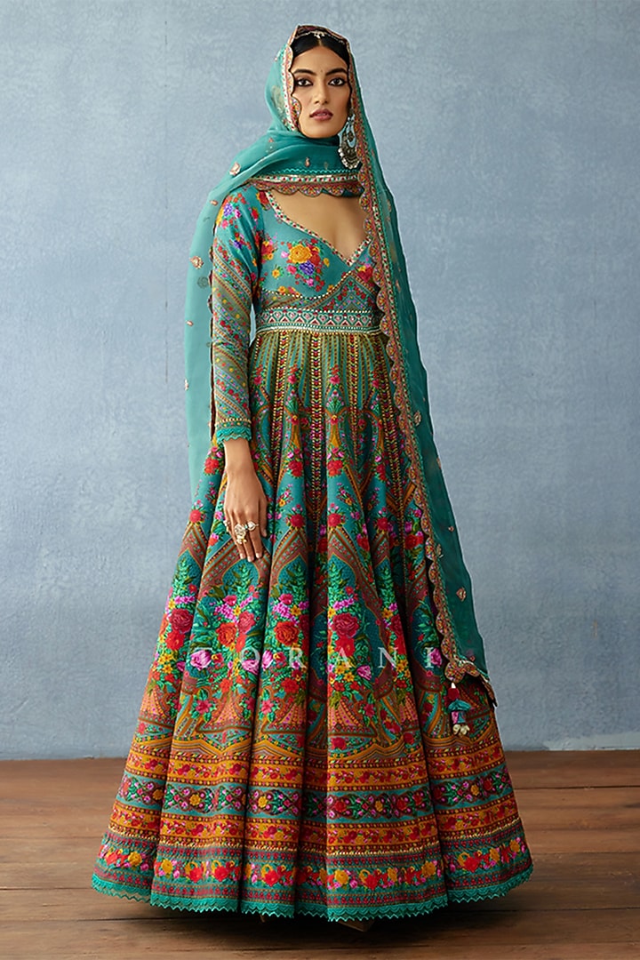 Aqua Blue Silk Slub Digital Printed Bridal Anarkali Set by TORANI at Pernia's Pop Up Shop