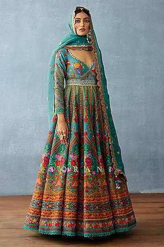 Aqua Blue Silk Slub Digital Printed Anarkali Set by TORANI