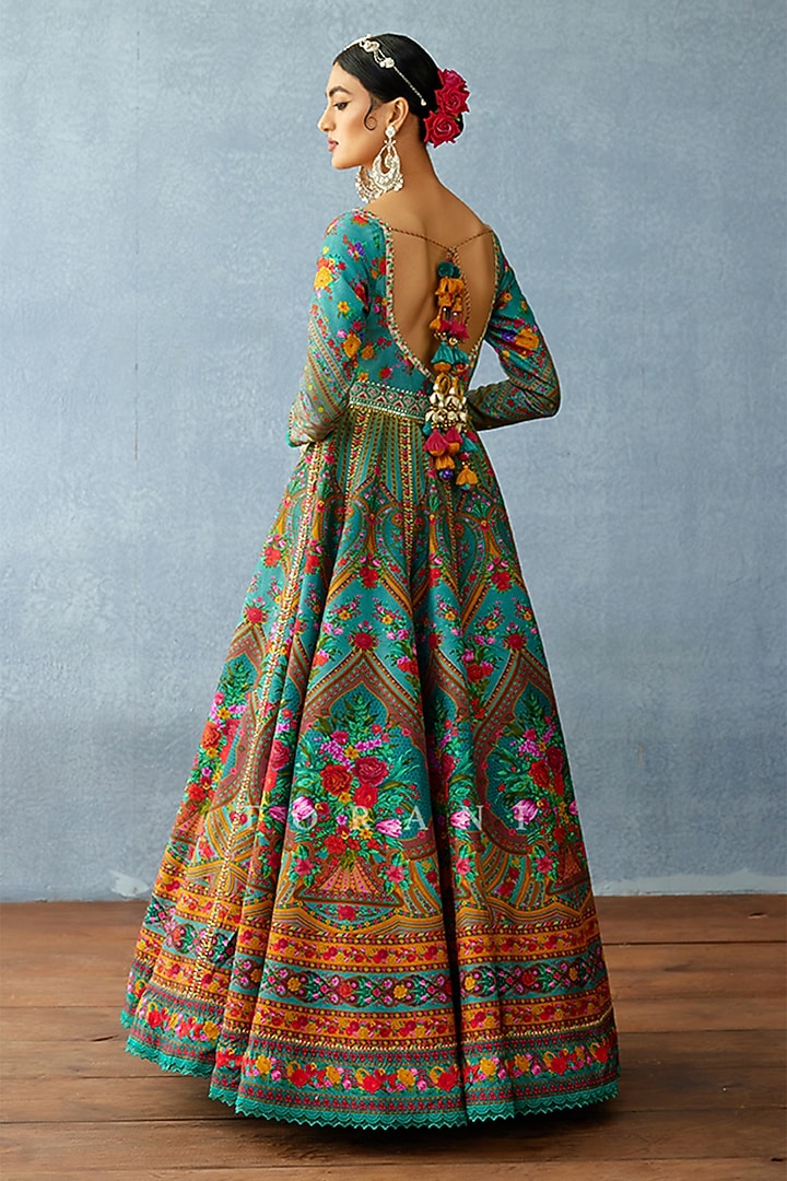 Aqua Blue Silk Slub Digital Printed Bridal Anarkali Set by TORANI at Pernia's Pop Up Shop