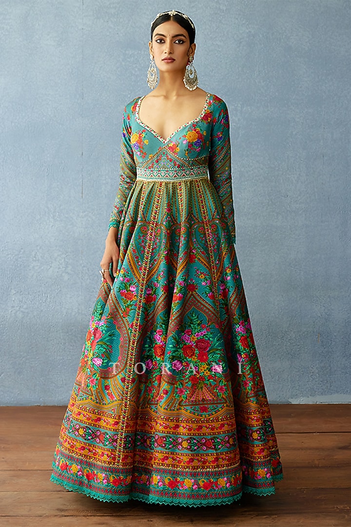 Aqua Blue Silk Slub Digital Printed Bridal Anarkali Set by TORANI at Pernia's Pop Up Shop