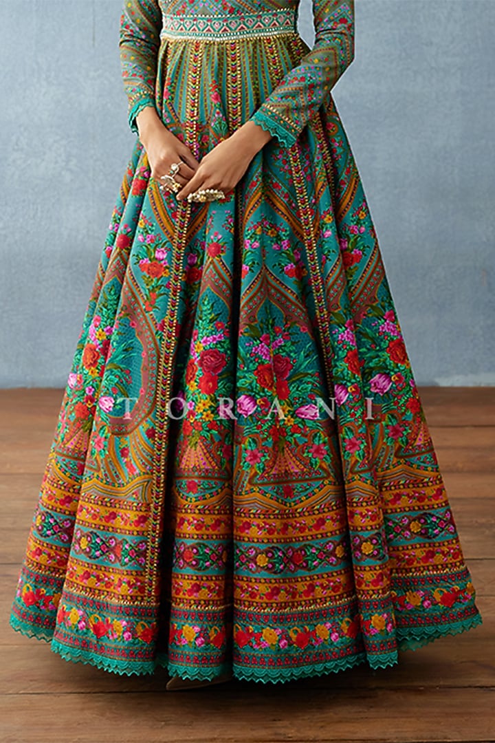 Aqua Blue Silk Slub Digital Printed Bridal Anarkali Set by TORANI at Pernia's Pop Up Shop
