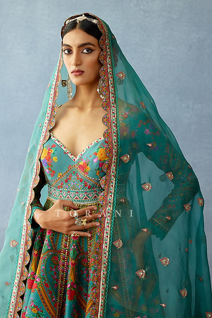 Aqua Blue Silk Slub Digital Printed Bridal Anarkali Set by TORANI at Pernia's Pop Up Shop