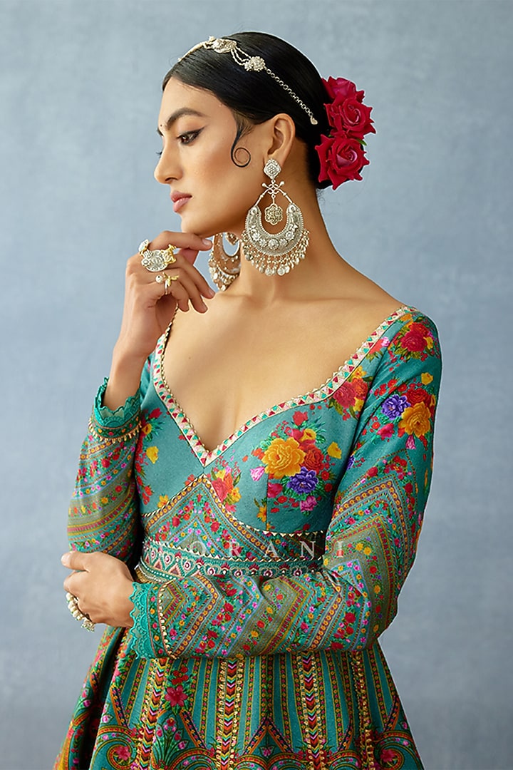 Aqua Blue Silk Slub Digital Printed Bridal Anarkali Set by TORANI at Pernia's Pop Up Shop
