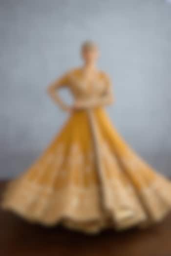 Ochre Muslin Silk Embroidered Jacket Party Wear Dress by TORANI at Pernia's Pop Up Shop