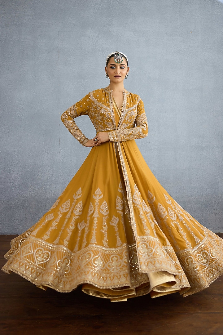 Ochre Muslin Silk Embroidered Jacket Party Wear Dress by TORANI at Pernia's Pop Up Shop
