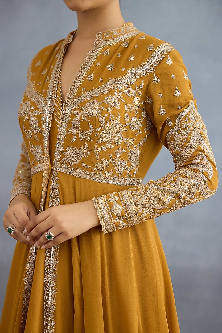 Ochre Muslin Silk Embroidered Jacket Party Wear Dress by TORANI at Pernia's Pop Up Shop