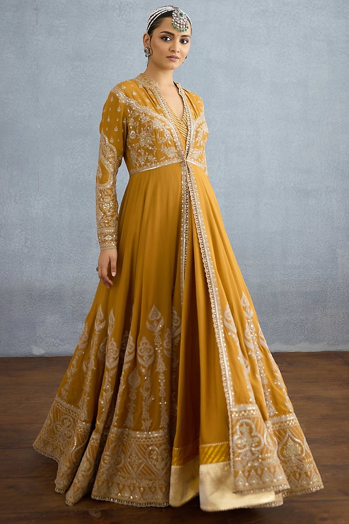 Ochre Muslin Silk Embroidered Jacket Party Wear Dress by TORANI at Pernia's Pop Up Shop