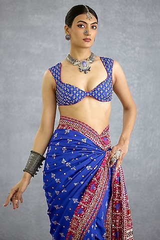 Blue Silk Motif Embroidered Blouse by TORANI