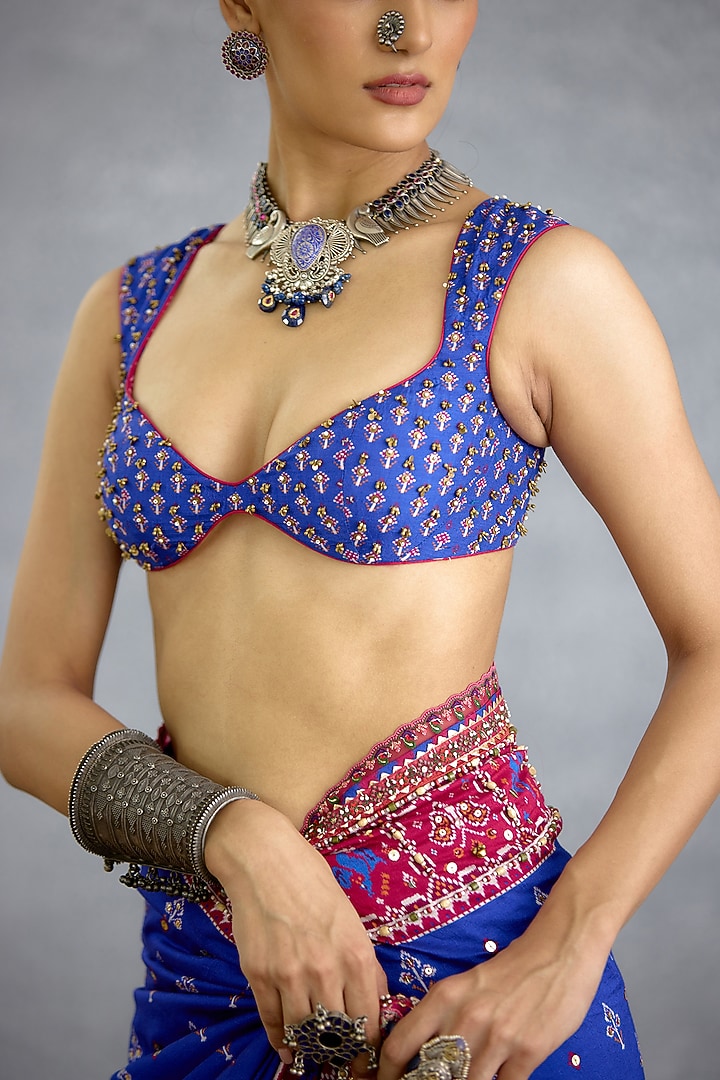 Blue Silk Motif Embroidered Blouse by TORANI at Pernia's Pop Up Shop