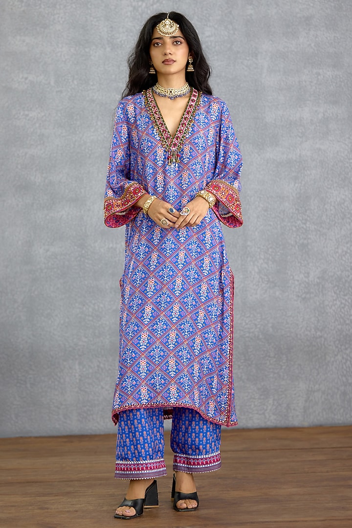 Blue Muslin Silk Patola Printed Wedding Sharara Set by Torani at Pernia's Pop Up Shop