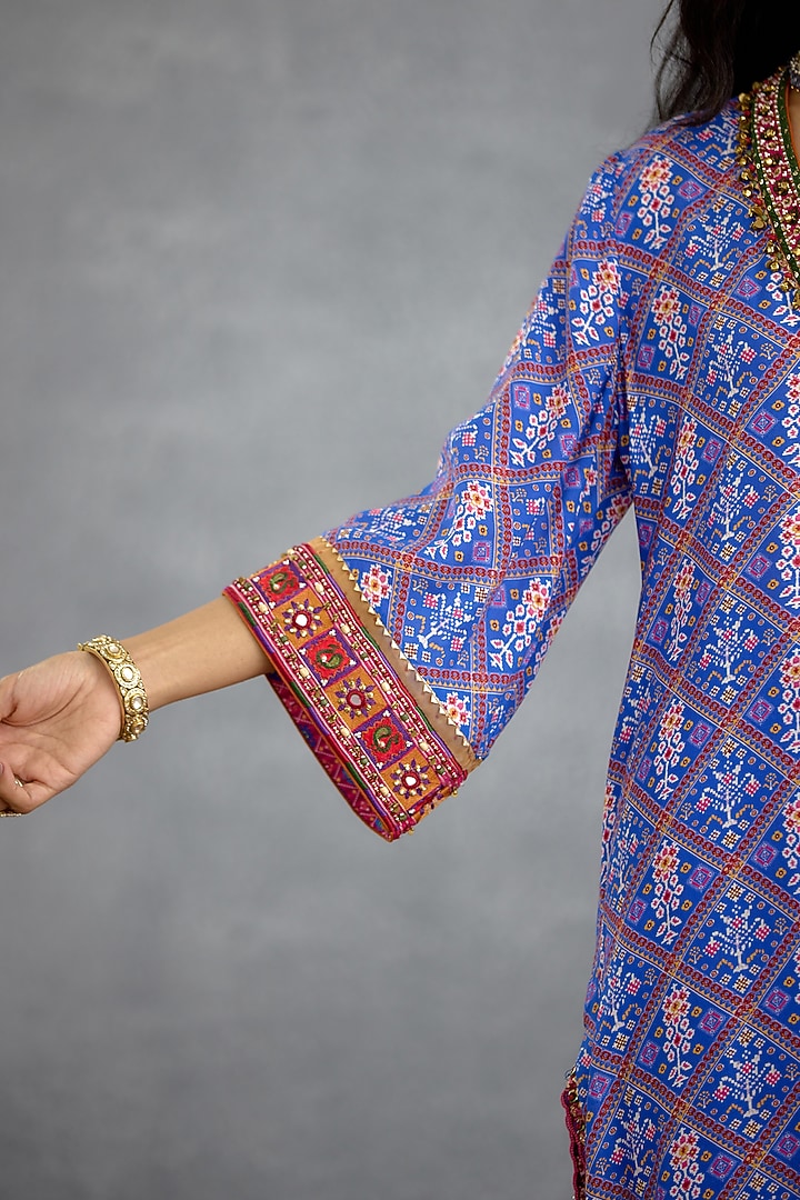 Blue Muslin Silk Patola Printed Wedding Sharara Set by Torani at Pernia's Pop Up Shop