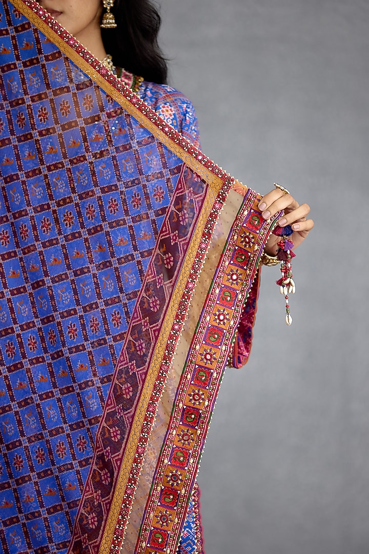 Blue Muslin Silk Patola Printed Wedding Sharara Set by Torani at Pernia's Pop Up Shop