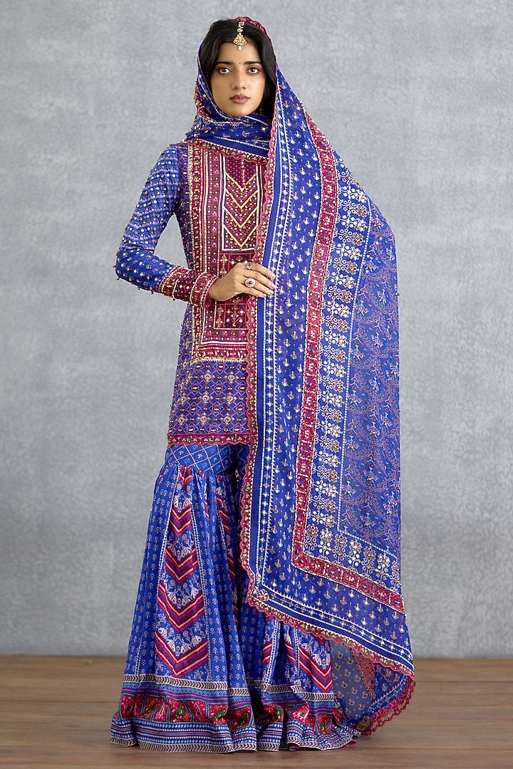 Blue Dola Silk Patola Printed Bridal Sharara Set by TORANI at Pernia's Pop Up Shop